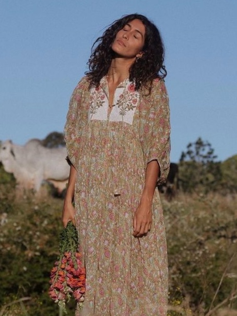 DAUGHTERS OF INDIA Kyra Green Carnation Balloon Sleeve Cotton Gauze Midi Dress M